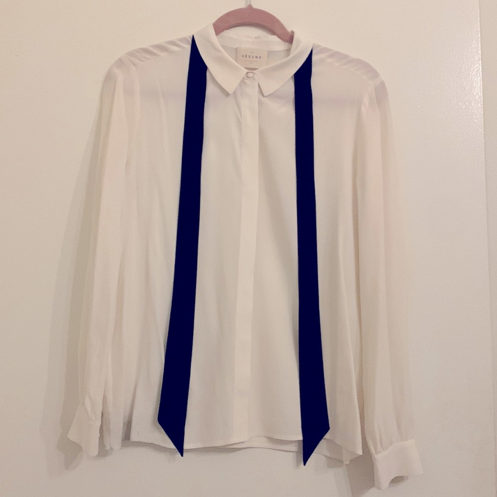 Sezane white silk button down shirt with black scarf tie